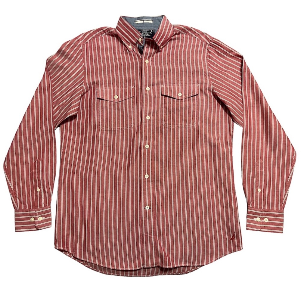 Nautica Shirt Mens Workshirt Work Button Up Red Bar Stripe Flap Pockets small